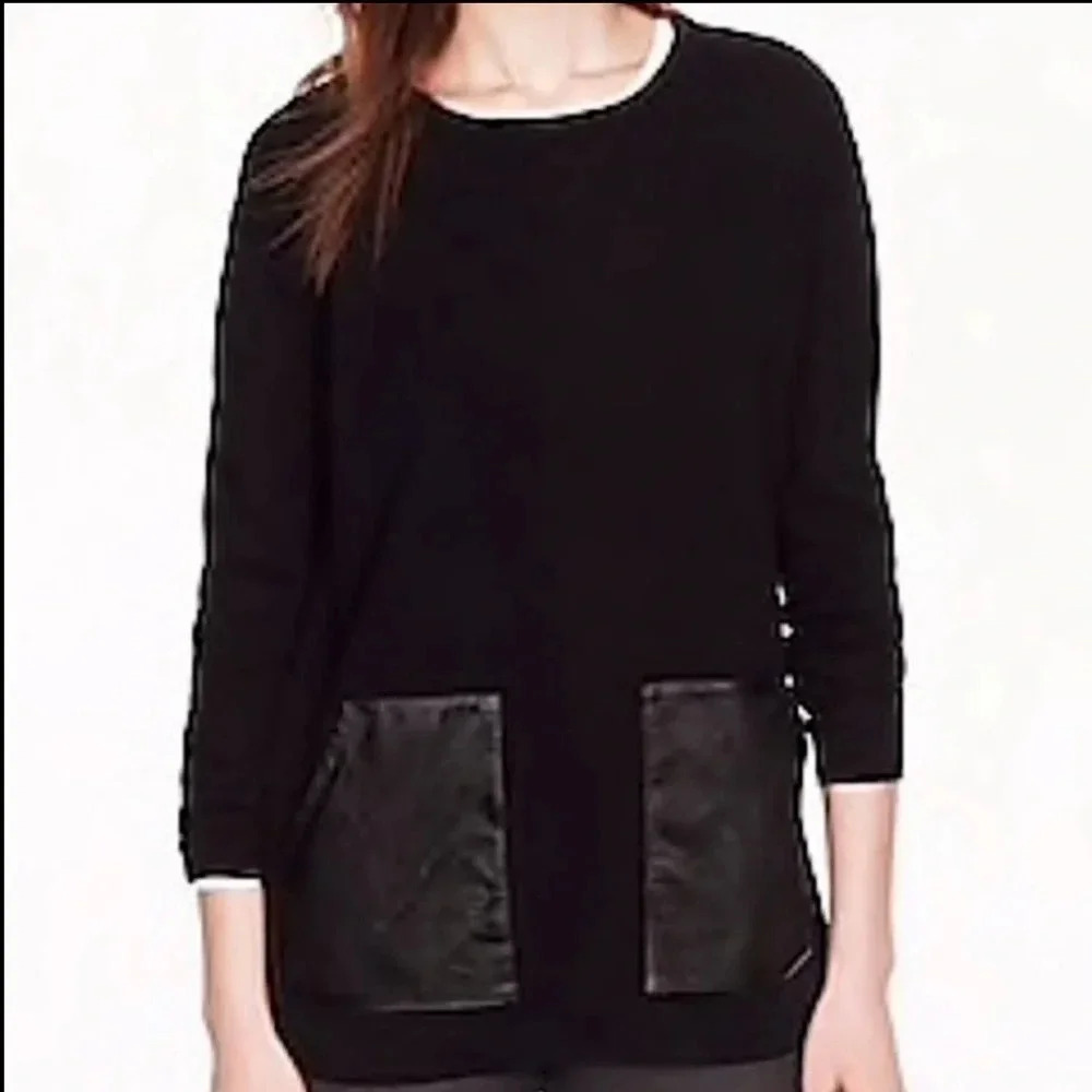 J. Crew‎ Merino Wool Black Sweater Top Leather Pockets Small Boxy Chunky